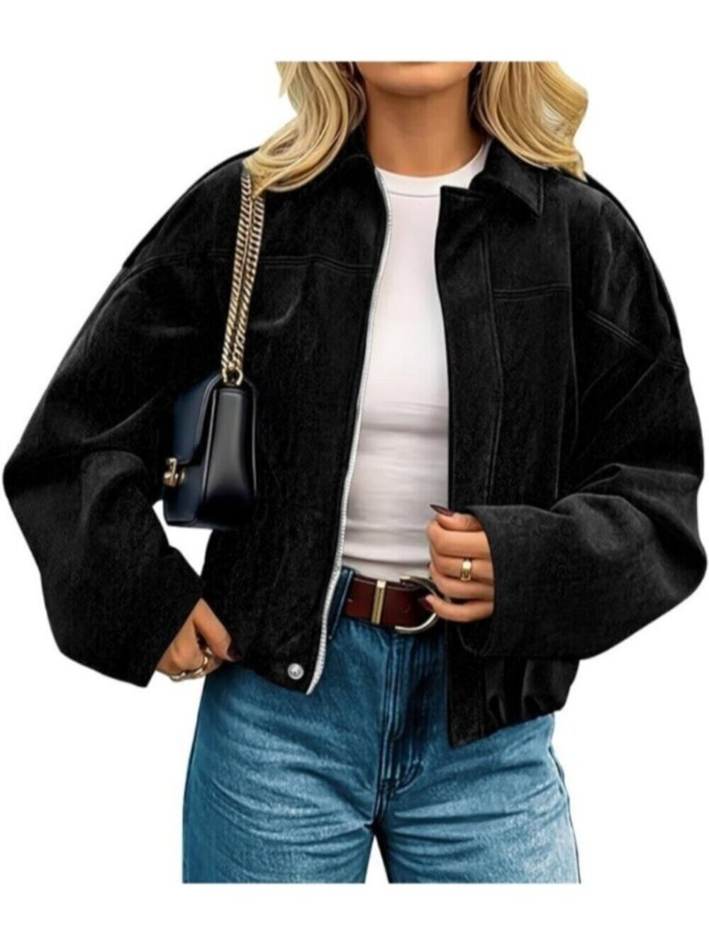 Womens Black Faux Suede Oversized Cropped Open Front Zipper Trendy Bomber Jacket